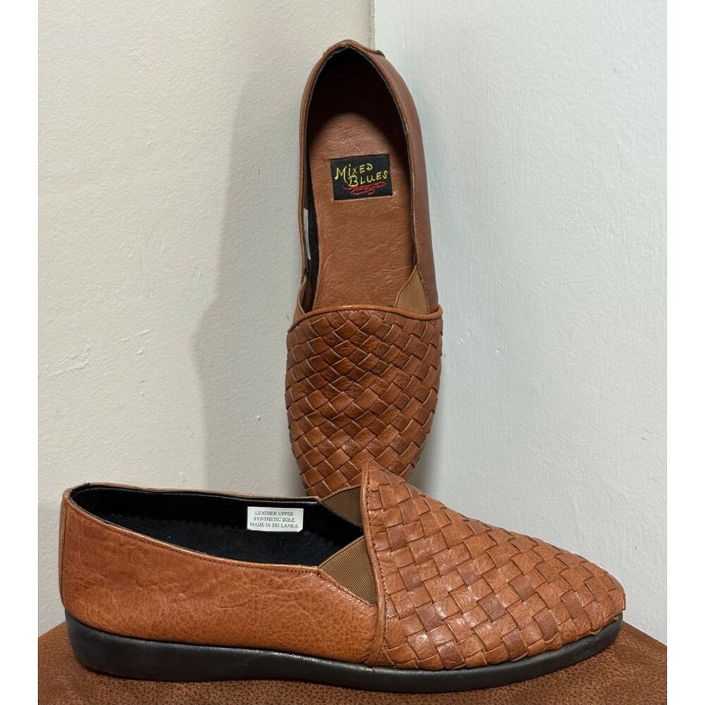 VINTAGE MIXED BLUES SLIP ON BROWN LEATHER BASKET WEAVE CASUAL SHOES FLATS 7.5B